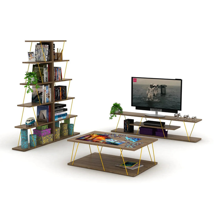 Tar Coffee Table for Living Room | Easy to Assemble Rectangular Tar Coffee Table with Bottom Shelf - Walnut/Yellow
