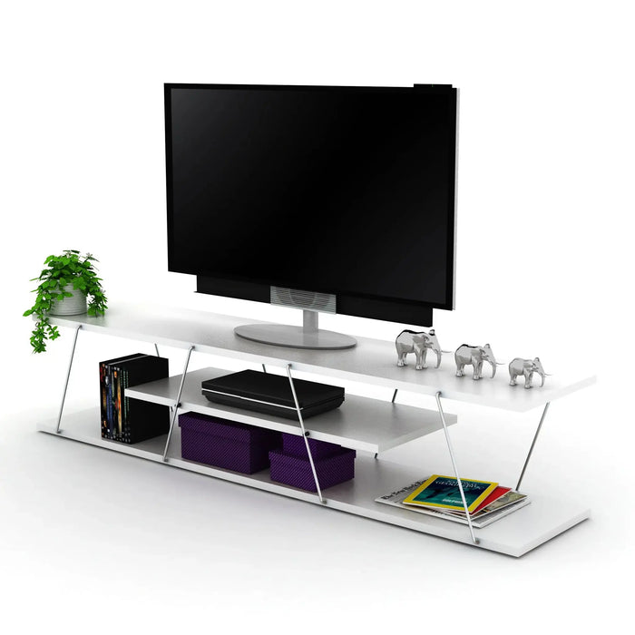 Tars TV Unit for Living Room | Modern Tars TV Stand with Storage Shelves - White/Chrome