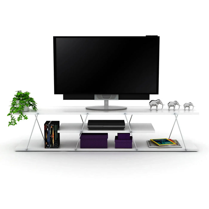 Tars TV Unit for Living Room | Modern Tars TV Stand with Storage Shelves - White/Chrome
