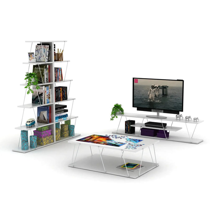 Tars TV Unit for Living Room | Modern Tars TV Stand with Storage Shelves - White/Chrome