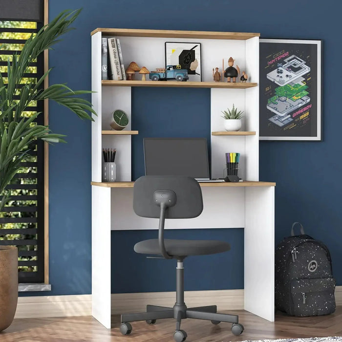 Vireo Sleek Desk with Hutch -White and Oak