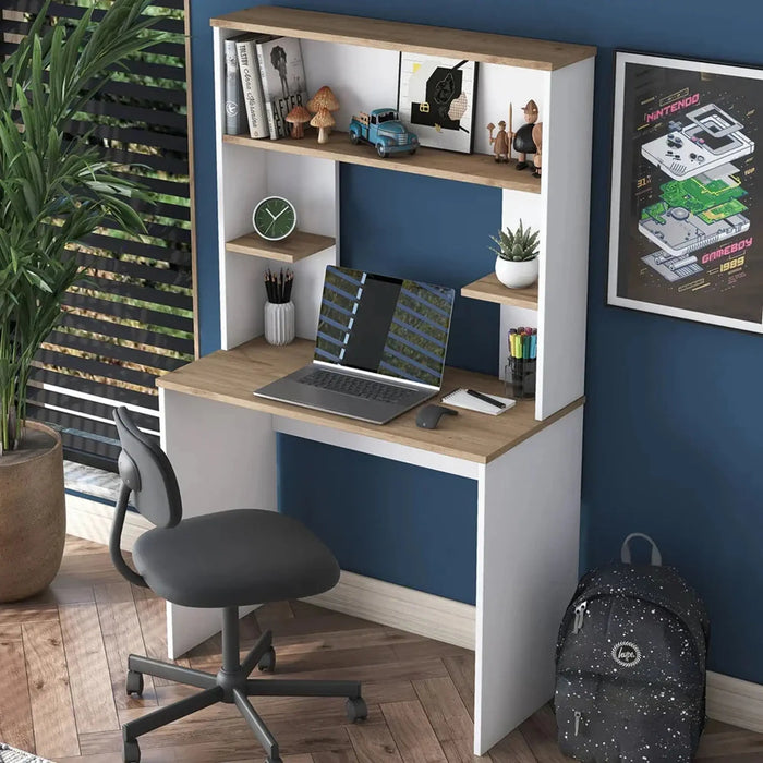 Vireo Sleek Desk with Hutch -White and Oak