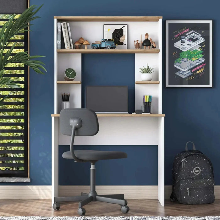 Vireo Sleek Desk with Hutch -White and Oak