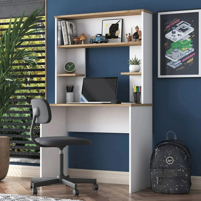 Vireo Sleek Desk with Hutch -White and Oak