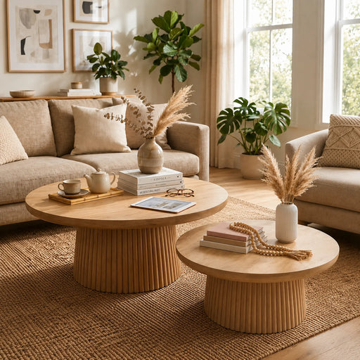 Living room with beige sofa, wooden coffee table, and decorative elements.