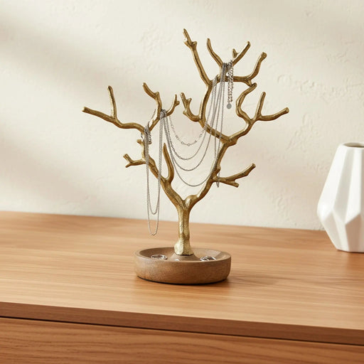 Aurest Metal Jewellery Organiser With Wooden Base, Gold Homelves