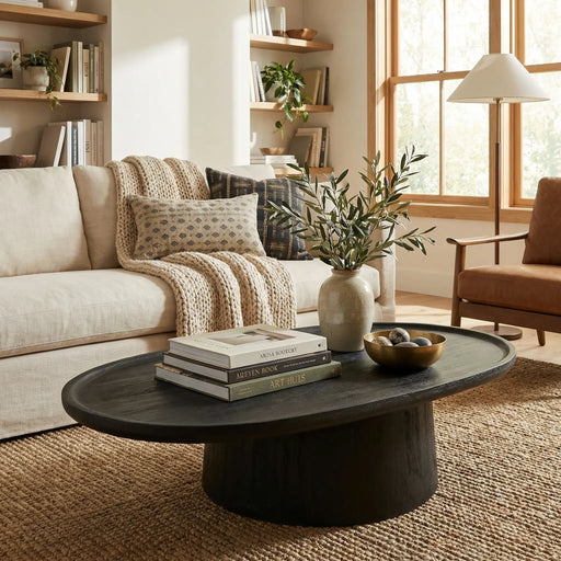Living room with a beige sofa, wooden coffee table, and large windows.