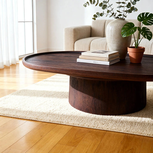 Wooden coffee table with books and plants in a living room setting