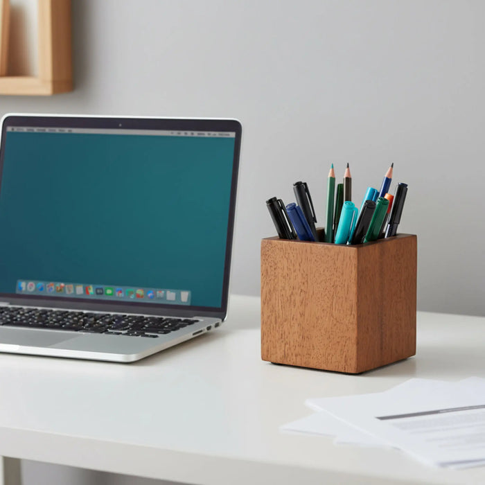 Boxy Wooden Pen Holder, Brown