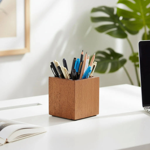 Boxy Wooden Pen Holder, Brown Homelves
