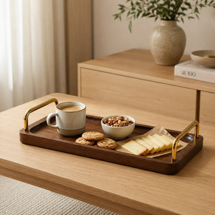 Coco Wooden Tray with Brass Handles, Large - Brown