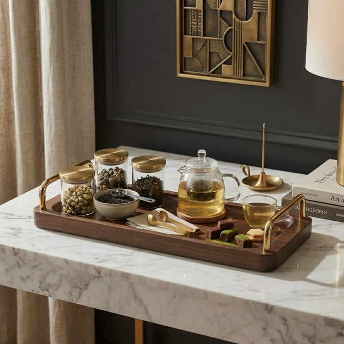 Coco Wooden Tray with Brass Handles, Large - Brown
