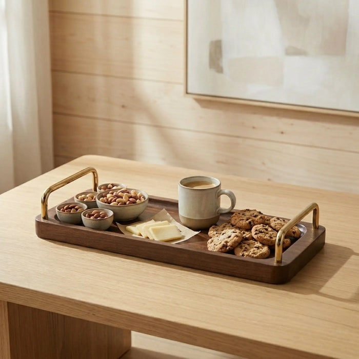 Coco Wooden Tray with Brass Handles, Large - Brown