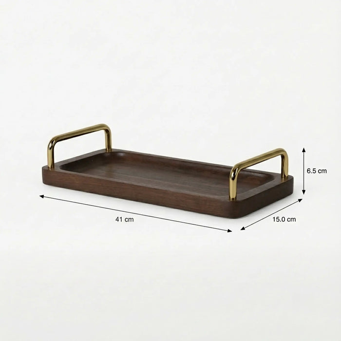 Coco Wooden Tray with Brass Handles, Large - Brown