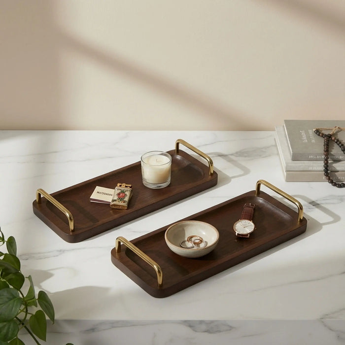 Coco Wooden Tray With Brass Handles, Set Of 2 - Brown