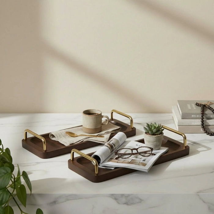 Coco Wooden Tray With Brass Handles, Set Of 2 - Brown