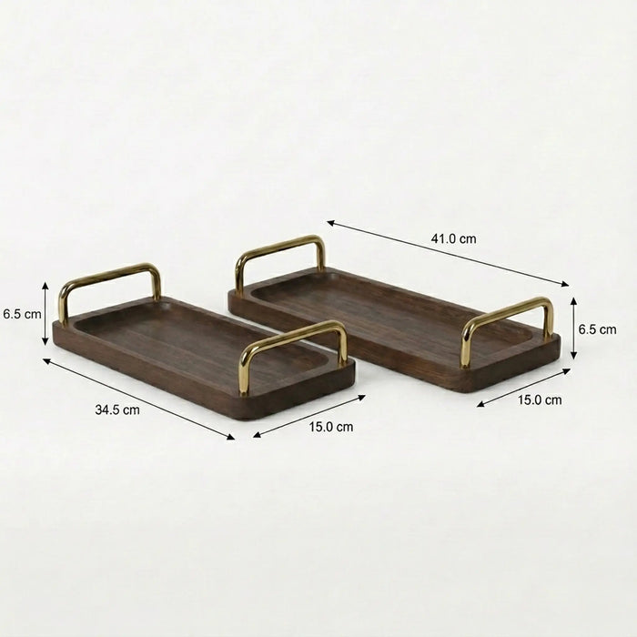 Coco Wooden Tray With Brass Handles, Set Of 2 - Brown