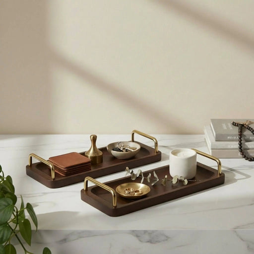 Coco Wooden Tray With Brass Handles, Set Of 2 - Brown Homelves