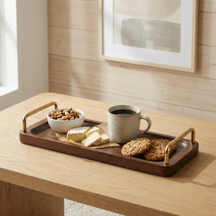 Coco Wooden Tray with Brass Handles, Small - Brown
