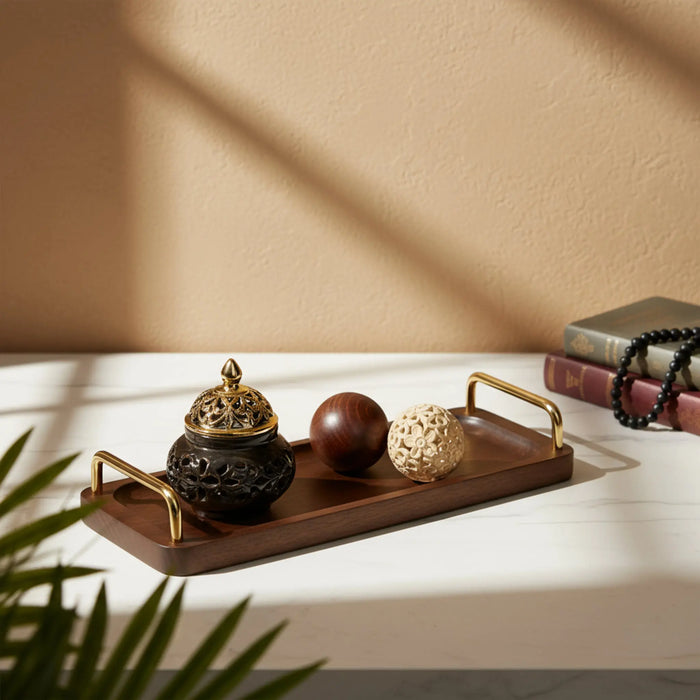 Coco Wooden Tray with Brass Handles, Small - Brown