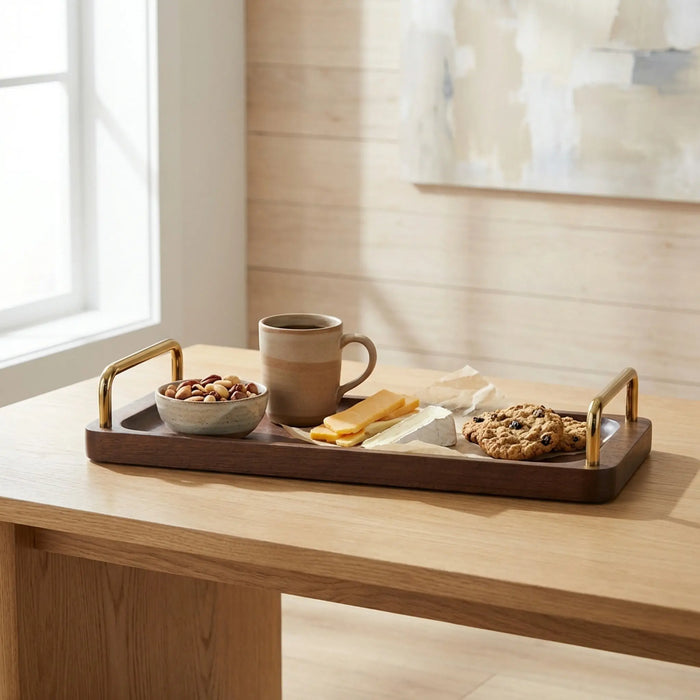 Coco Wooden Tray with Brass Handles, Small - Brown