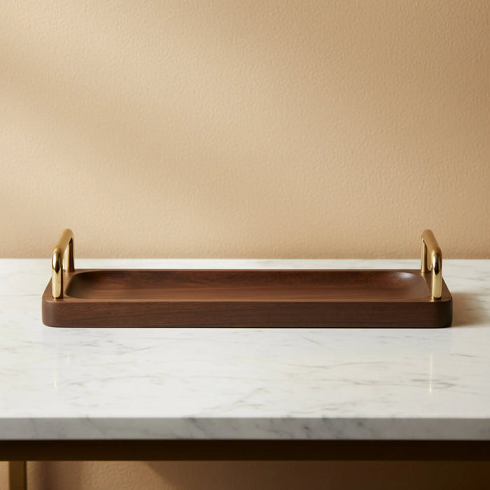 Coco Wooden Tray with Brass Handles, Small - Brown