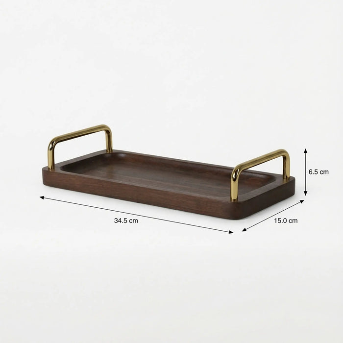 Coco Wooden Tray with Brass Handles, Small - Brown