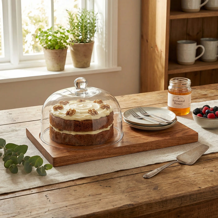 Dome Serving Platter With Glass Cover - Natural