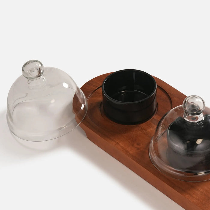 Dome Serving Tray With Metal Bowls - Black
