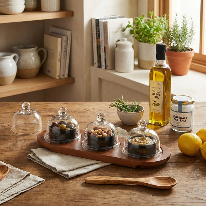 Dome Serving Tray With Metal Bowls - Black