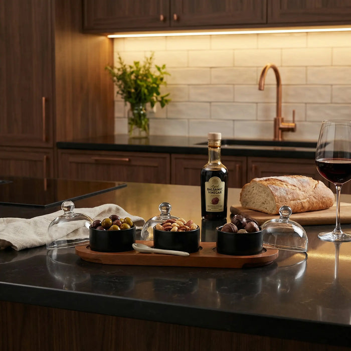 Dome Serving Tray With Metal Bowls - Black
