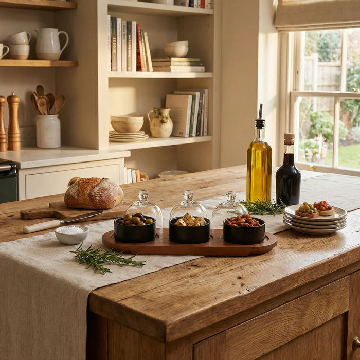 Dome Serving Tray With Metal Bowls - Black