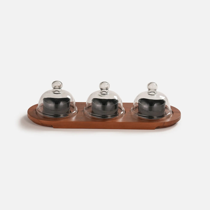 Dome Serving Tray With Metal Bowls - Black