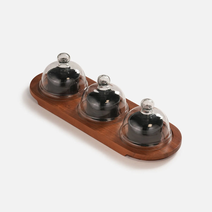 Dome Serving Tray With Metal Bowls - Black
