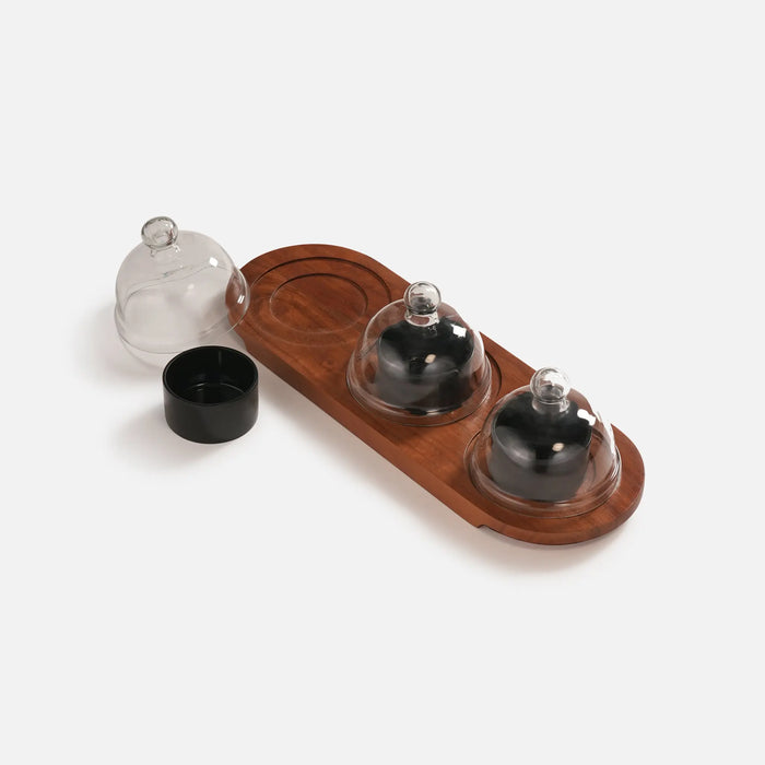 Dome Serving Tray With Metal Bowls - Black