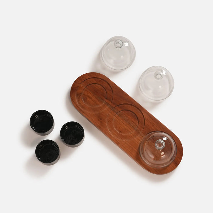 Dome Serving Tray With Metal Bowls - Black