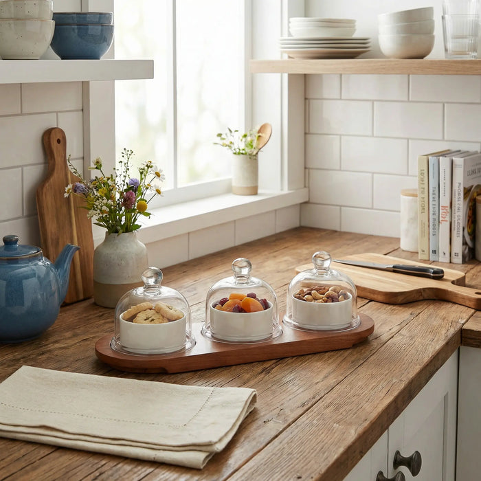 Dome Serving Tray with Metal Bowls- White