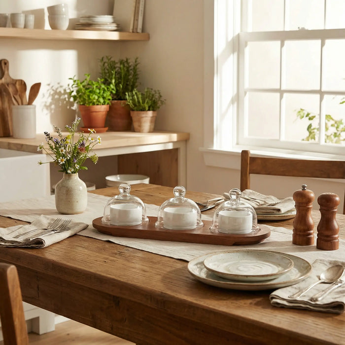 Dome Serving Tray with Metal Bowls- White