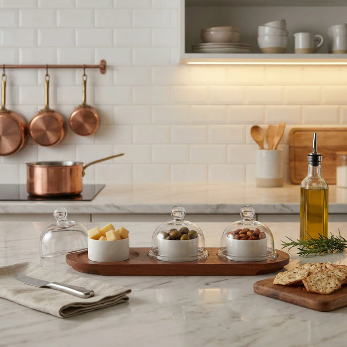 Dome Serving Tray with Metal Bowls- White