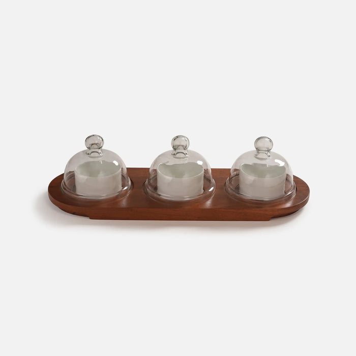 Dome Serving Tray with Metal Bowls- White