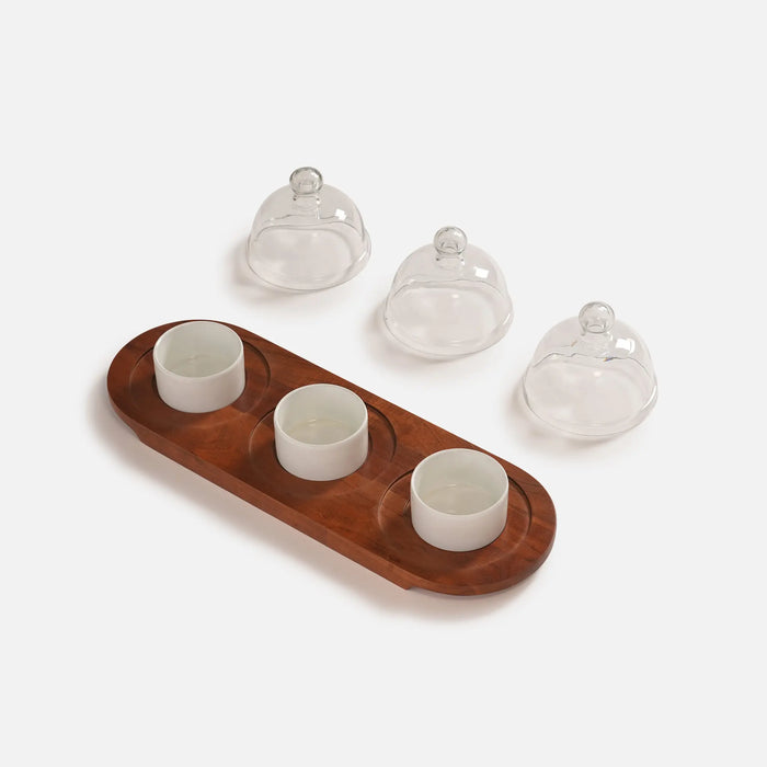 Dome Serving Tray with Metal Bowls- White