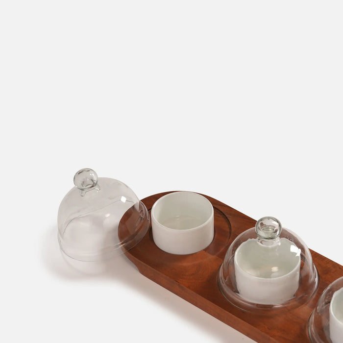 Dome Serving Tray with Metal Bowls- White