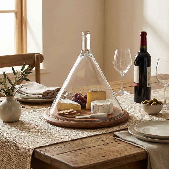 Dome Wooden Platter With Glass Cover, Large - Natural