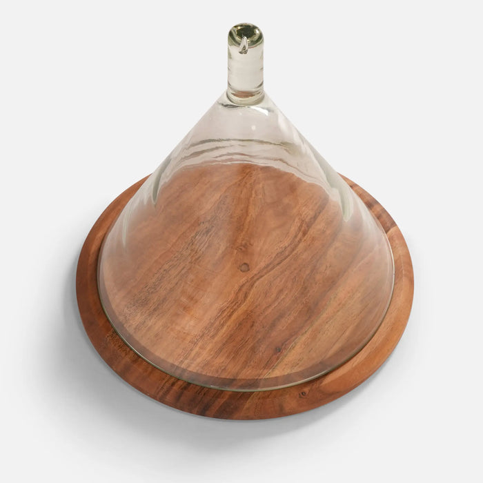 Dome Wooden Platter With Glass Cover, Large - Natural