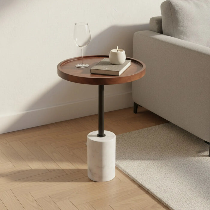 Elnor Side Table With Marble Base - Walnut