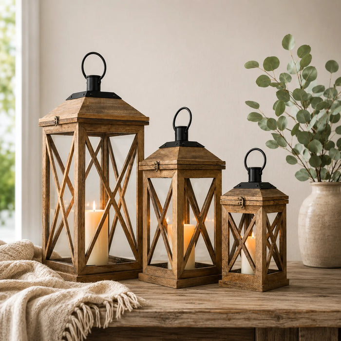 Eon Wooden Lanterns, Set of 3 - Natural