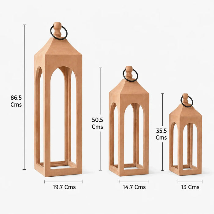 Three wooden lanterns of different sizes with measurements on a white background