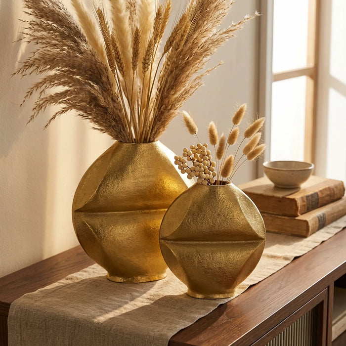 Flux Metal Decorative Vase, Set Of 2 - Gold