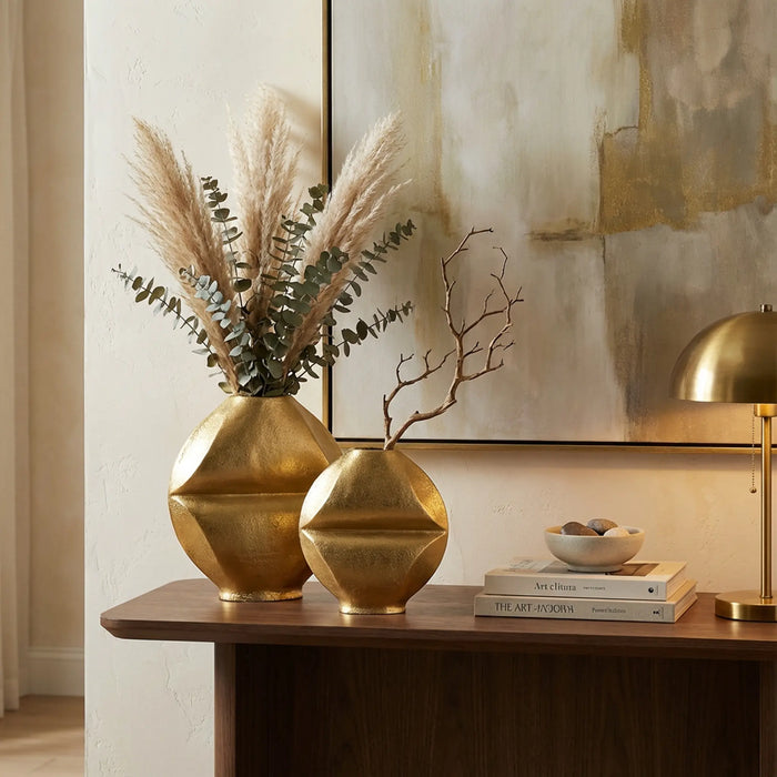 Flux Metal Decorative Vase, Set Of 2 - Gold