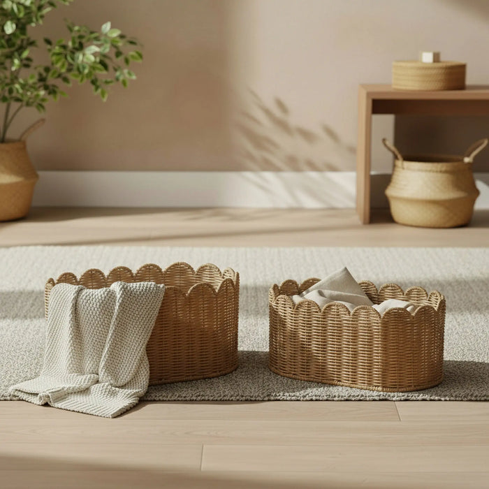Frill Oval Rattan Storage Basket, Set Of 2 - Natural